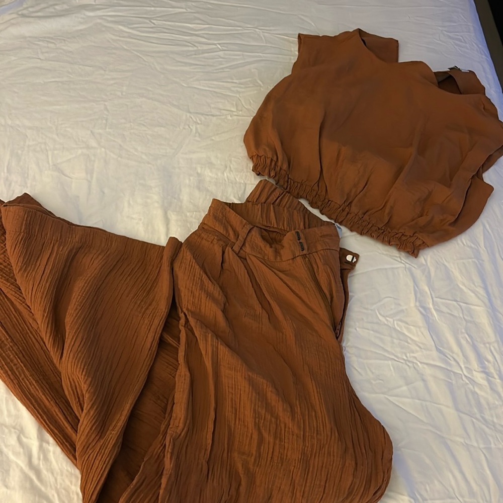 a new day Wide Leg Pants & Crop Top Set in Rust
